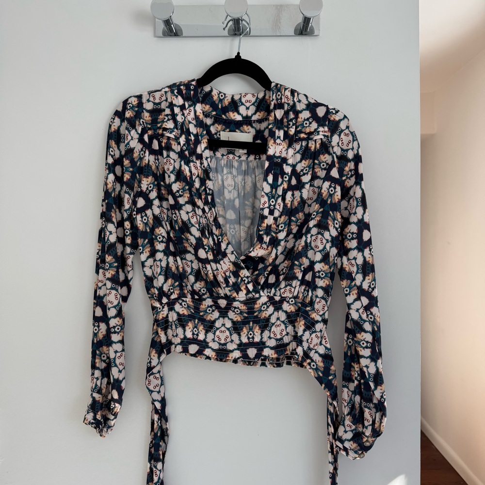 Anthropologie Floral Wrap Blouse - Navy and Cream